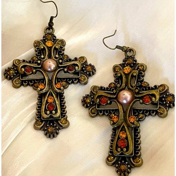 Ornate Crystal Cross Earrings - Picture 4 of 5
